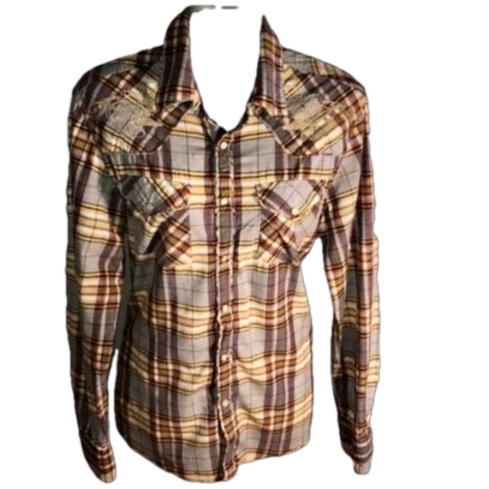 Guess Jeans Plaid Embroidered Western Snap Button Shirt - Medium - VGUC